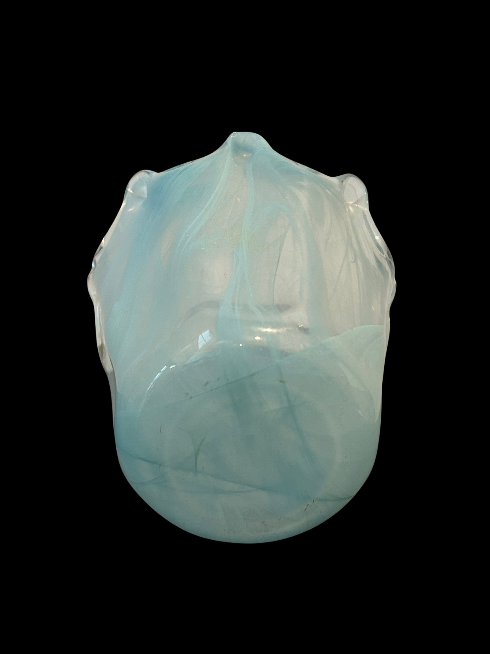 Vintage Murano Style Art Glass Vase | Hand-Blown Italian Blue & White Swirl Opaline Vase With Ruffle - 7