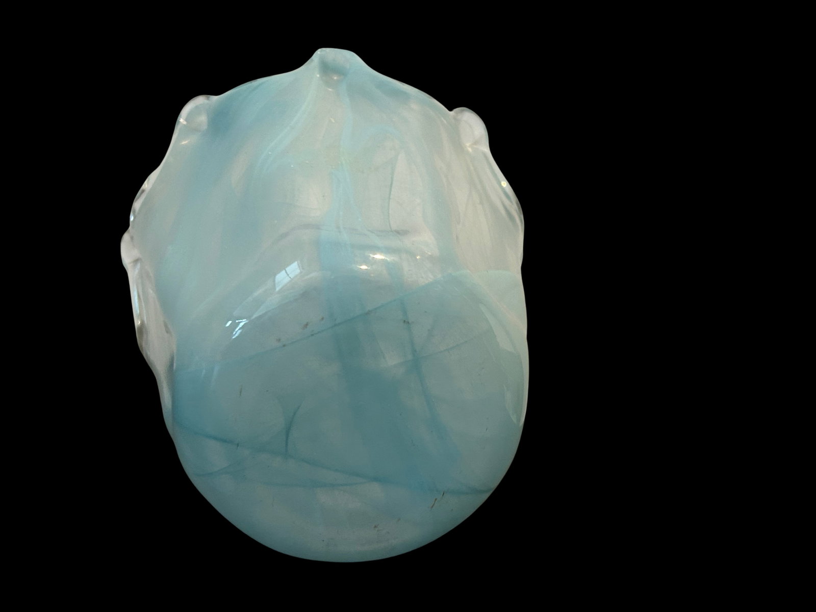 Vintage Murano Style Art Glass Vase | Hand-Blown Italian Blue & White Swirl Opaline Vase With Ruffle - 9