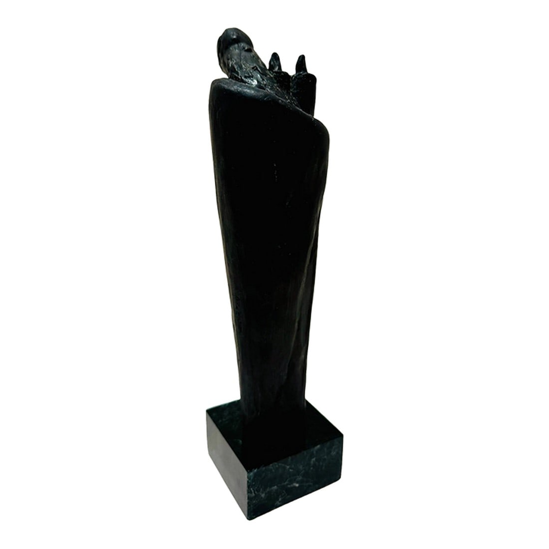 Mid 20th Century Larry Mohr Abstract Figurative Sculpture Bronze on Stone Base Signed: Original bronze sculpture by Larry Mohr, featuring a tall, elongated abstract figurative form with raised hands and a contemplative posture. The surface shows intentional texture and patina