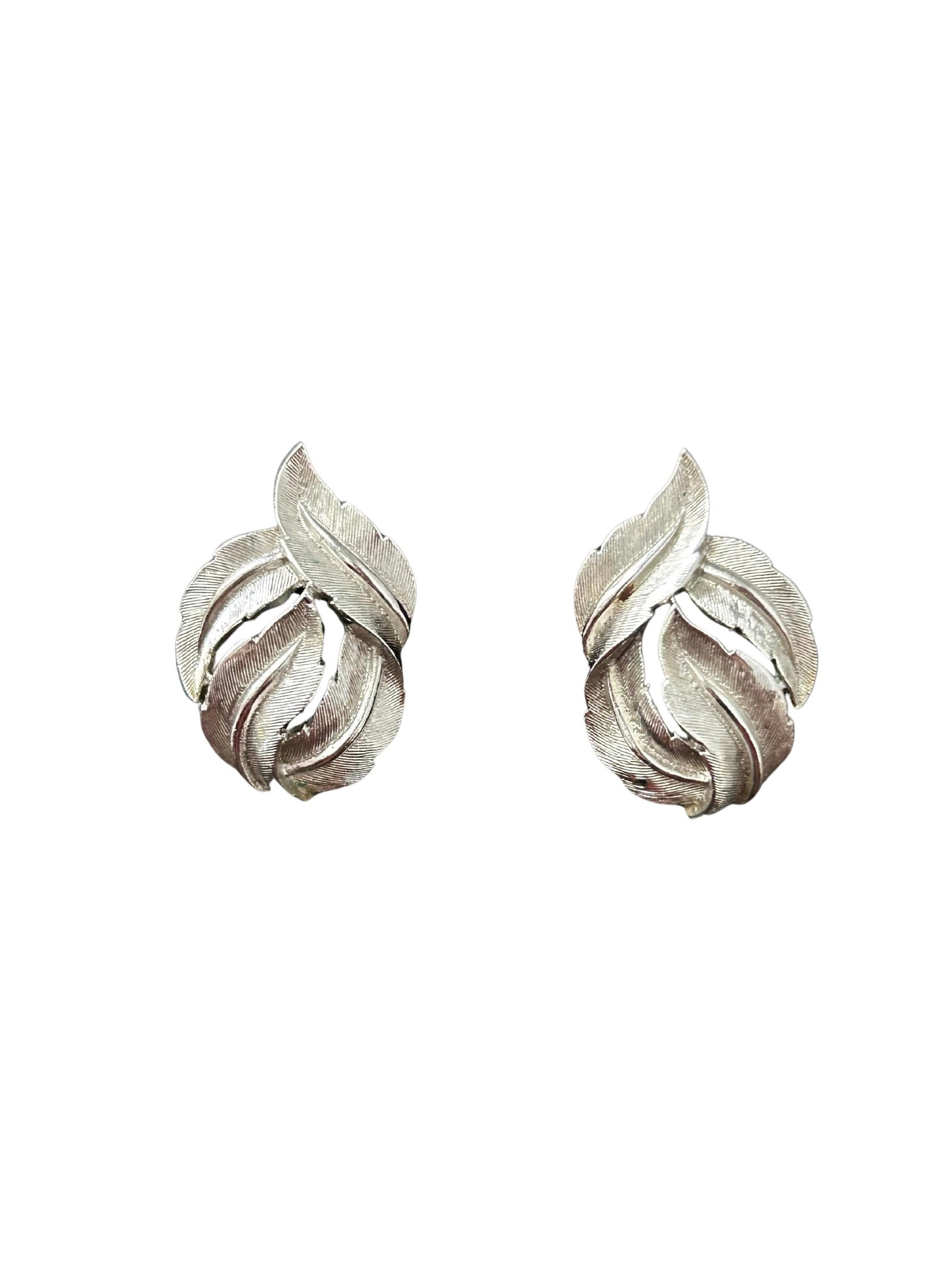 Vintage Crown Trifari Silver-Tone Satin Leaf Clip-on Earrings, A Pair - 2