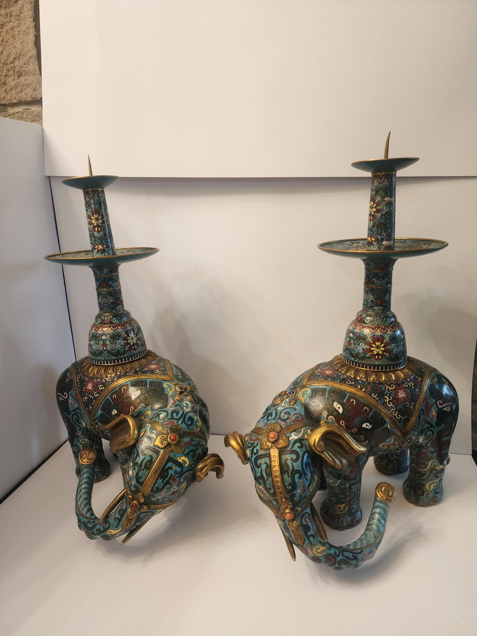 18th Century Important Pair Gilt Bronze and Cloisonne Elephant Altar Candle Holders - 2