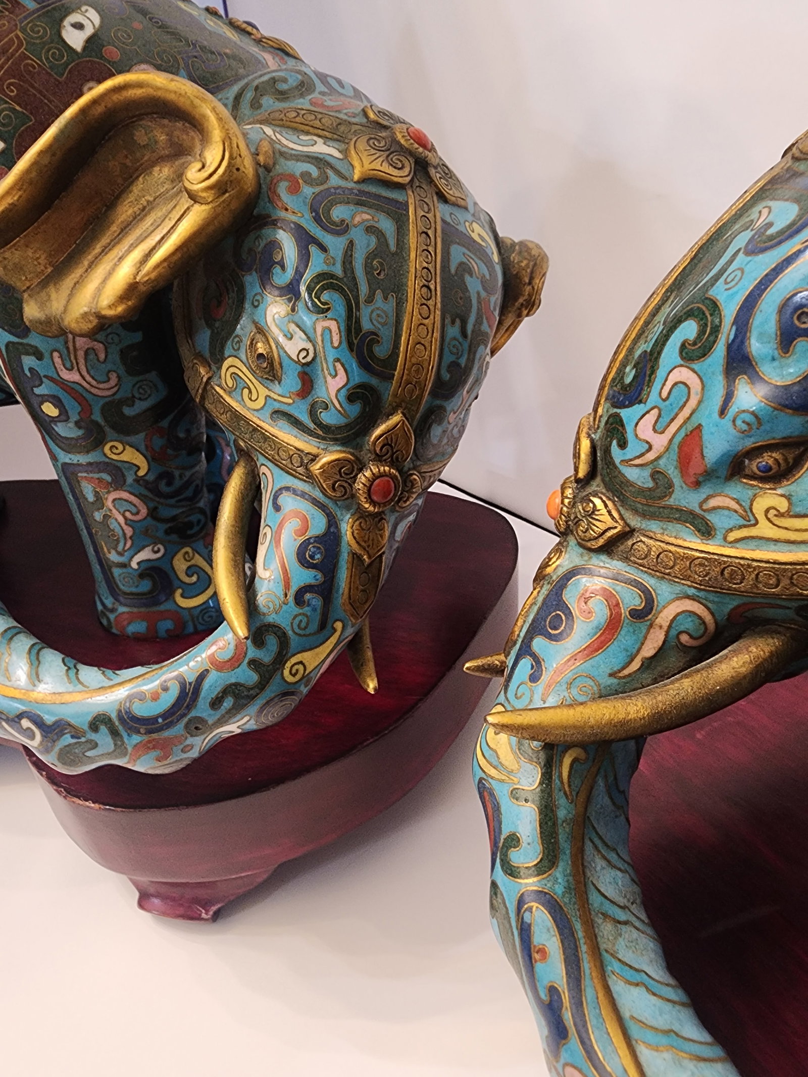 18th Century Important Pair Gilt Bronze and Cloisonne Elephant Altar Candle Holders - 4