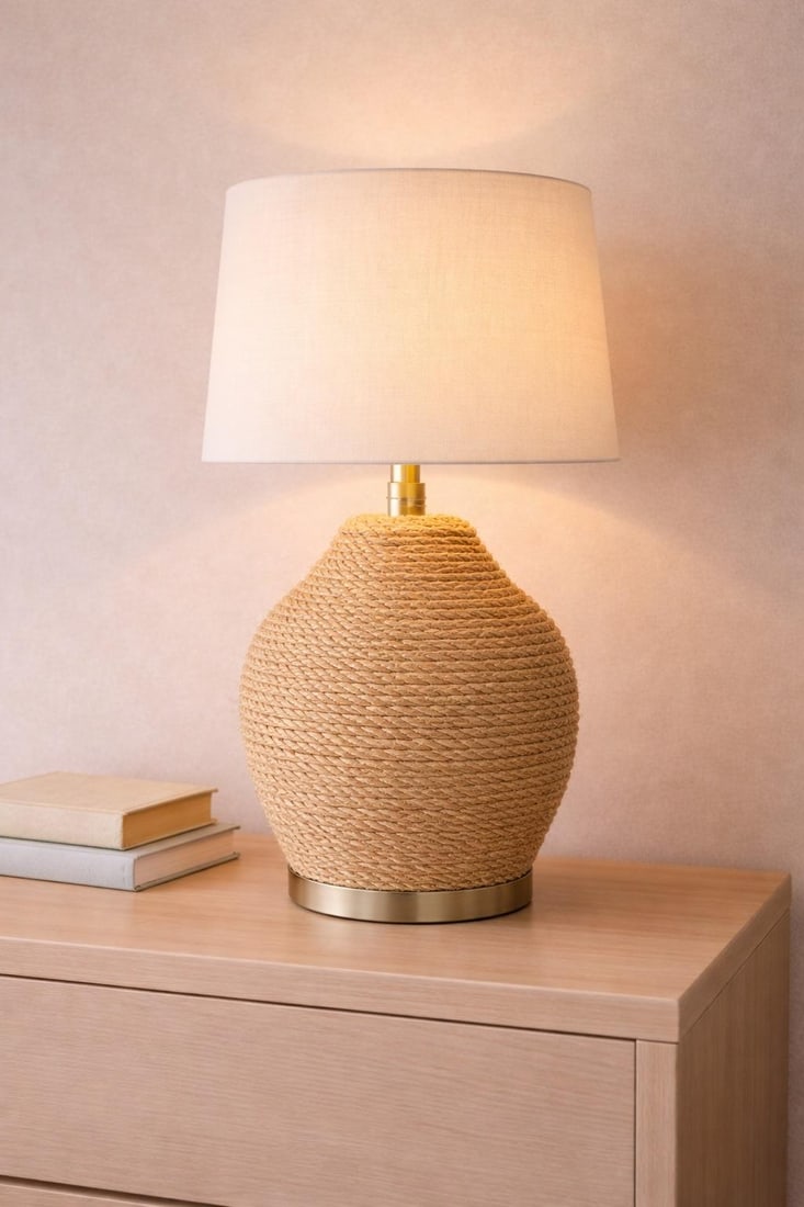 Coastal Rope Wrapped Table Lamp With Linen Shade – Organic Modern Texture - 5