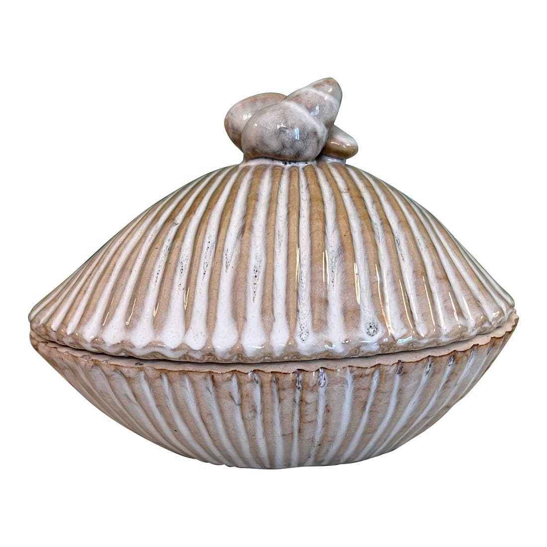 1980s Stoneware Shell Box: Lovely stoneware box in the shape of a seashell. The handle is also made of stoneware shells. Nice neutral palette. Condition: Alterations: Original Condition Unaltered Imperfections: Some