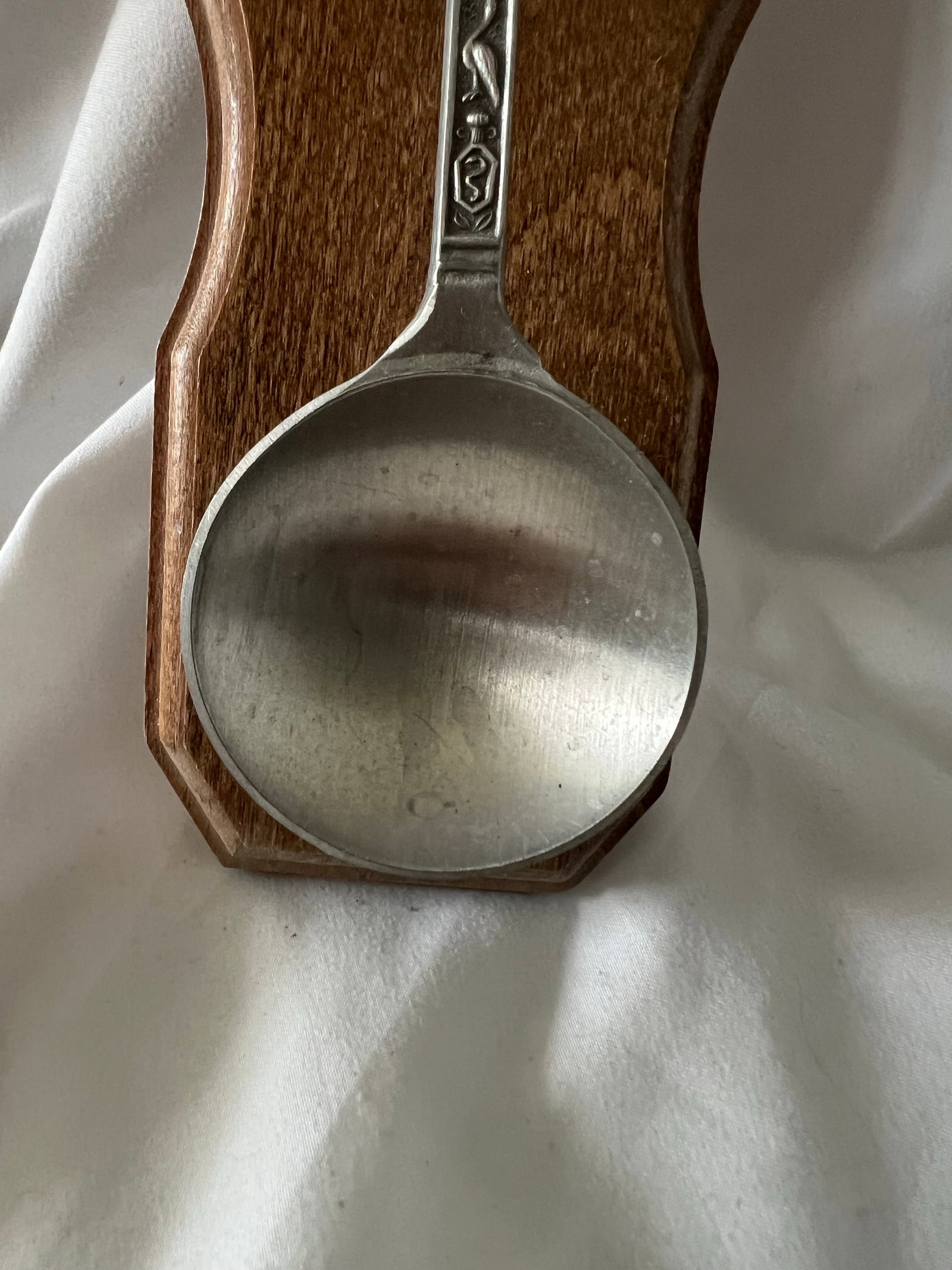 Vintage Dutch Pewter Wedding Spoon With Wooden Holder - 8