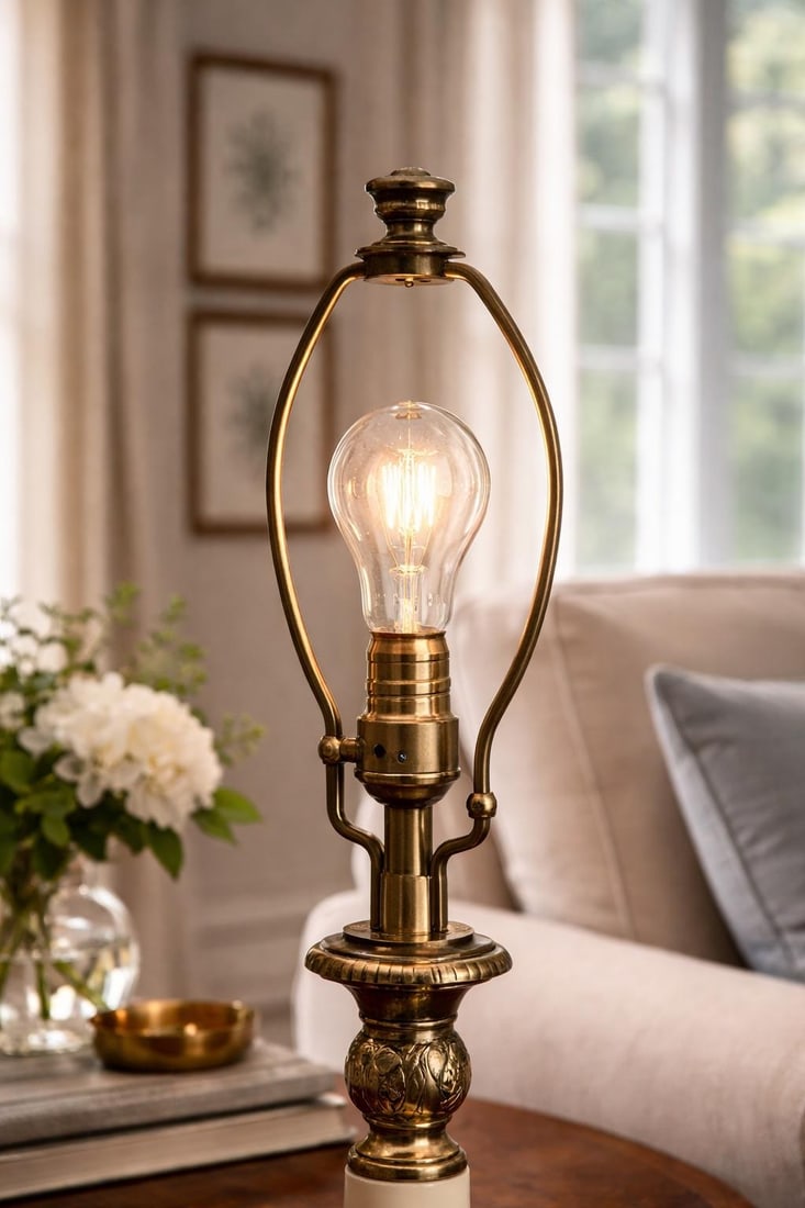 Mid 20th Century Elegant 31" Neoclassical Cream & Solid Brass Column Table Lamp - 11