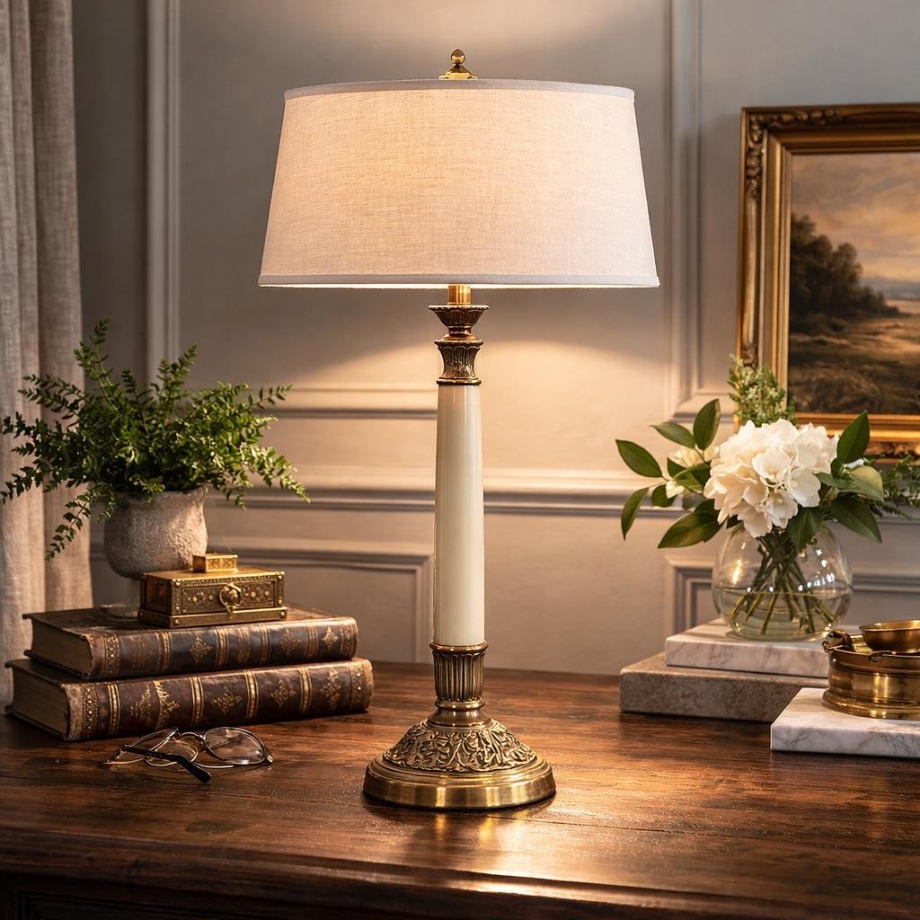 Mid 20th Century Elegant 31" Neoclassical Cream & Solid Brass Column Table Lamp - 7