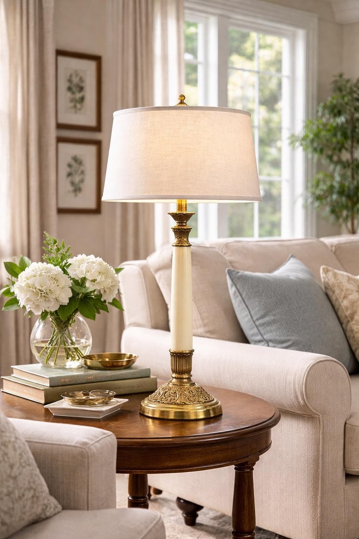 Mid 20th Century Elegant 31" Neoclassical Cream & Solid Brass Column Table Lamp - 8