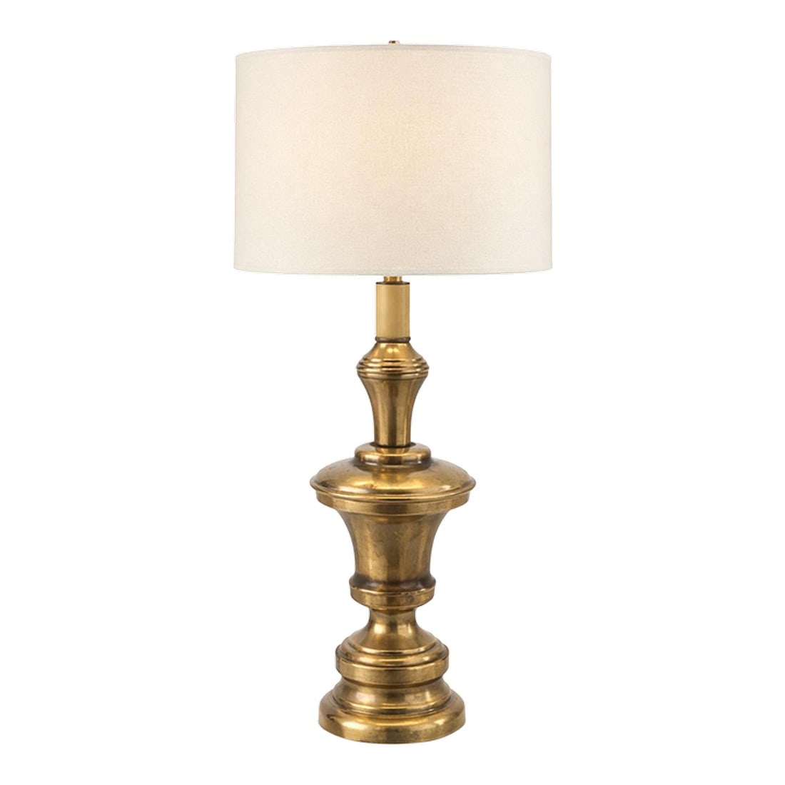 Vintage Solid Brass 3-Level Touch Table Lamp With Drum Shade, Circa 1980s: Solid vintage brass three-level touch table lamp with warm aged patina and clean 16" drum shade. Circa 1980s with original Leviton touch module. Substantial weight and timeless transitional styling. &