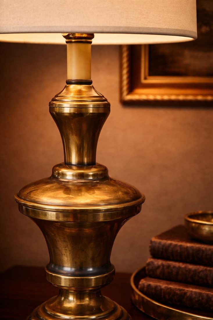 Vintage Solid Brass 3-Level Touch Table Lamp With Drum Shade, Circa 1980s - 4