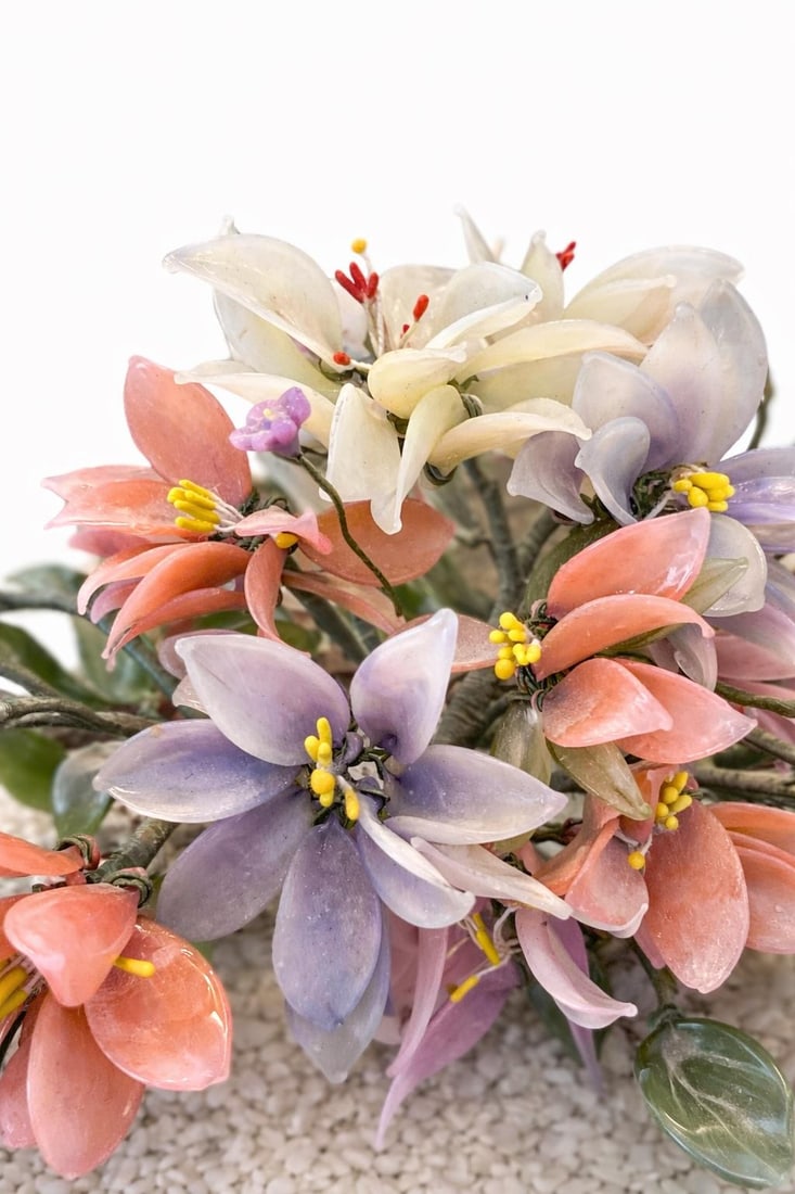 Vintage Chinese Hardstone-Style Floral Centerpiece on Carved Root-Form Base – 20" Wide - 3