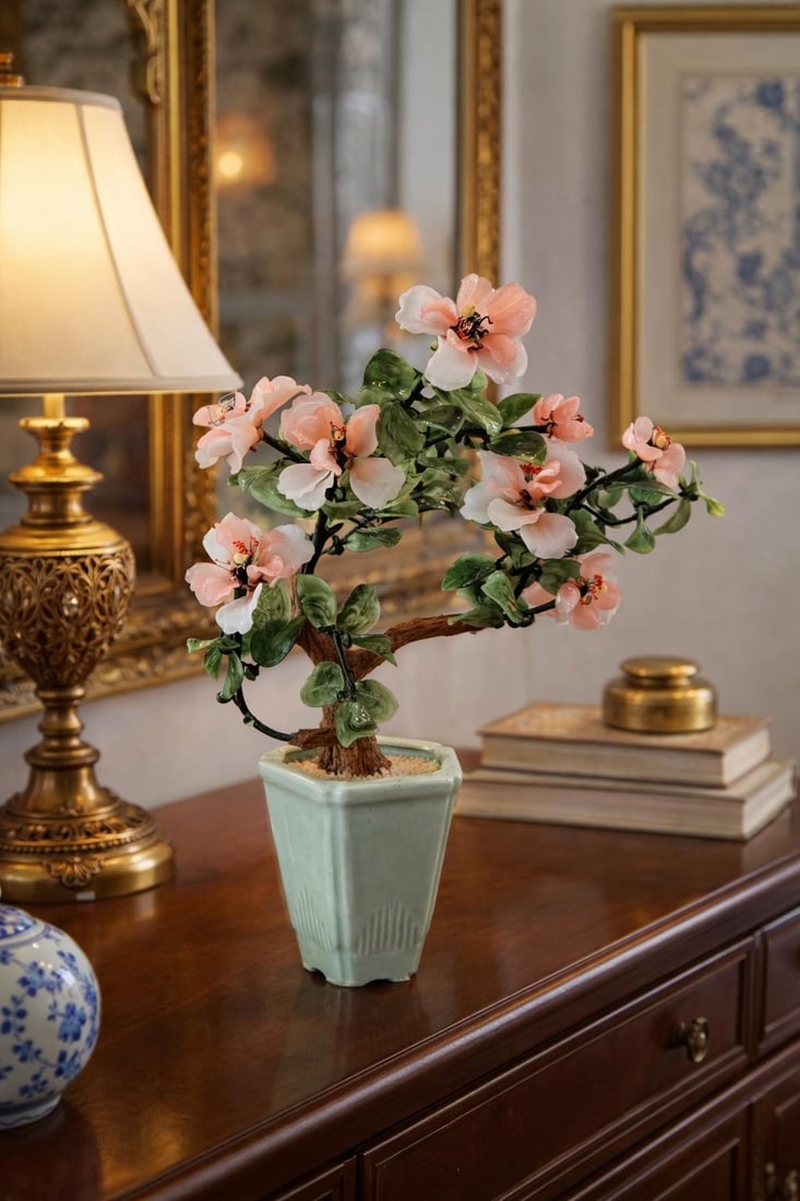 Late 20th Century Chinese Hardstone-Style Blossom Bonsai Tree in Celadon Planter – 15" H - 2