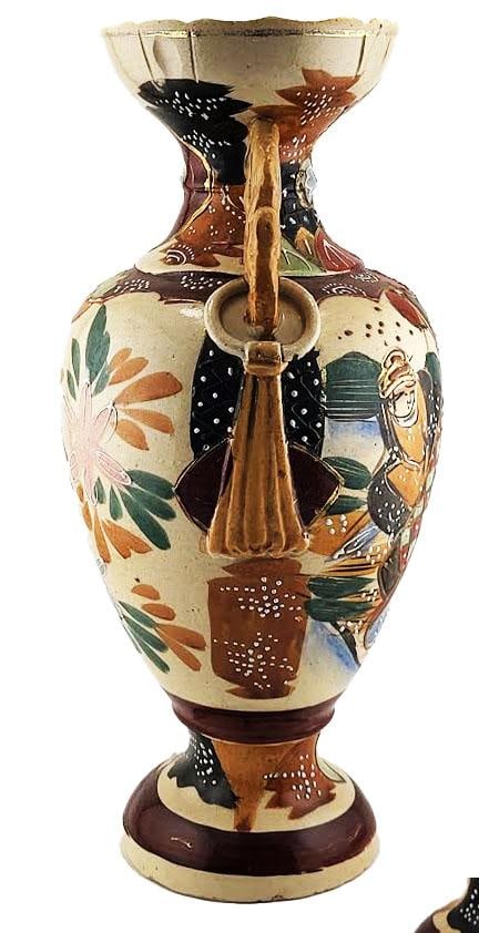 Antique Japanese Moriage Satsuma Samurai Raised Relief Floral Handled Vase - 3