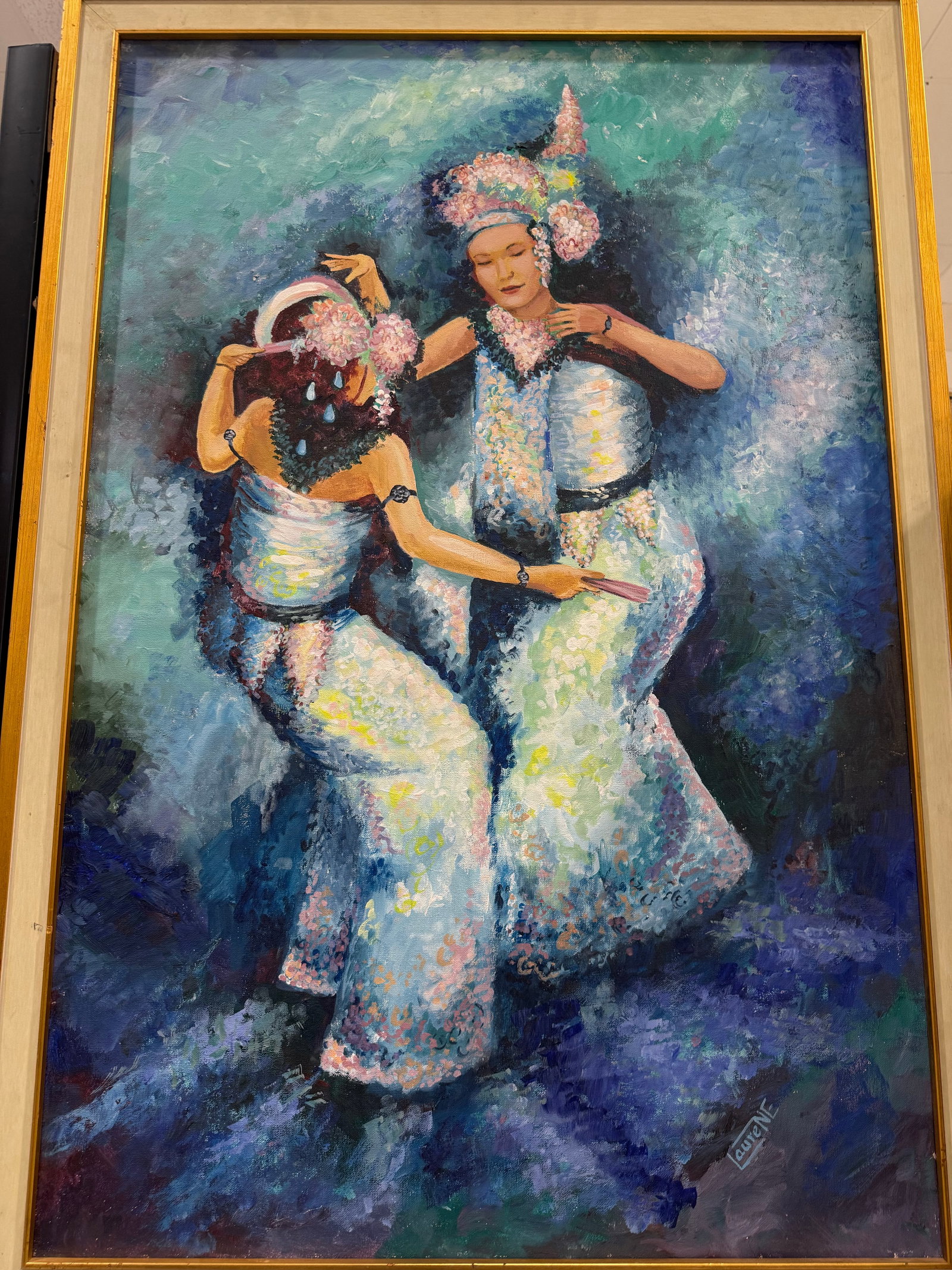 1990s Beautiful Oil Painting of Two Dancers Signed Laurene - 2