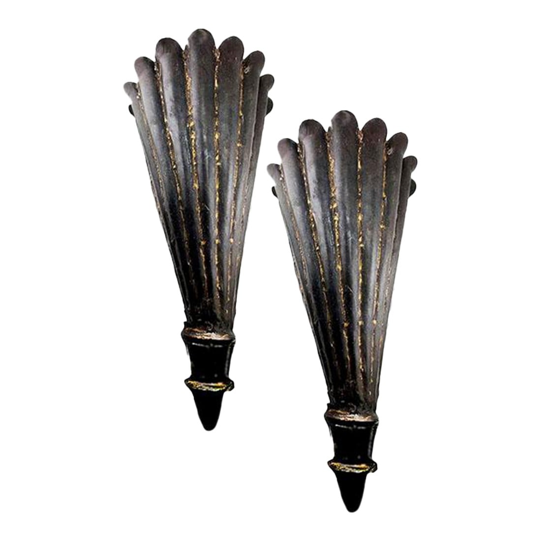 Large Vintage Rusty Metal Fluted Torchiere Wall Pocket Bracket Sconces - A Pair: Very cool pair of metal fluted sconces made in India. The finish shows what resembles copper peeking though giving it a two dimensional appearance. They are considered wall pockets but I like them as