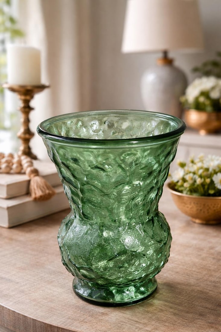 Vintage Cleveland Art Glass Textured Green Vase– Mid-Century Brutalist Style – 8" - 2