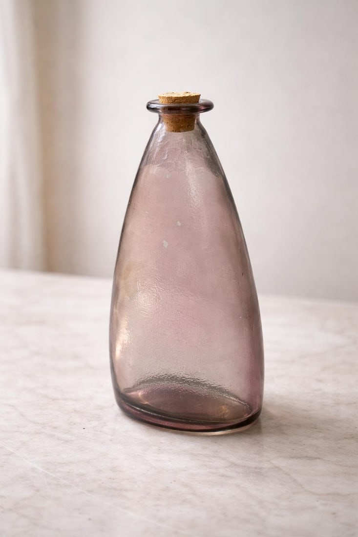 Vintage Handblown Amethyst Studio Glass Bottle Sculpture With Cork – 10.5" Modern Art Glass - 2