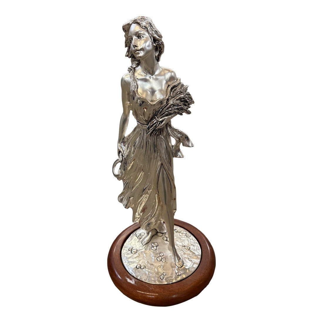 1960s Marcello Giorgio Silver Laminate Maiden Figurine With Kindling: Marcello Giorgio Silver Laminate Maiden Figurine With Kindling Large 16in Tall Please note that this is the large issue. This is also made in a small smaller issue. The larger one is harder to find.