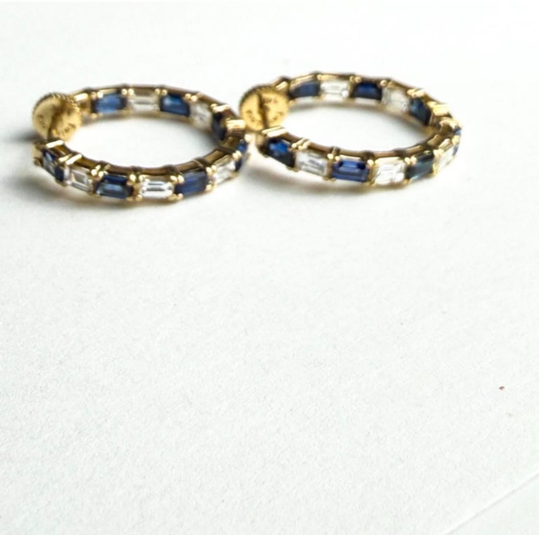 14k Yellow Gold Inside-Out Hoop Earrings With Baguette Sapphires and Diamonds, A Pair - 3