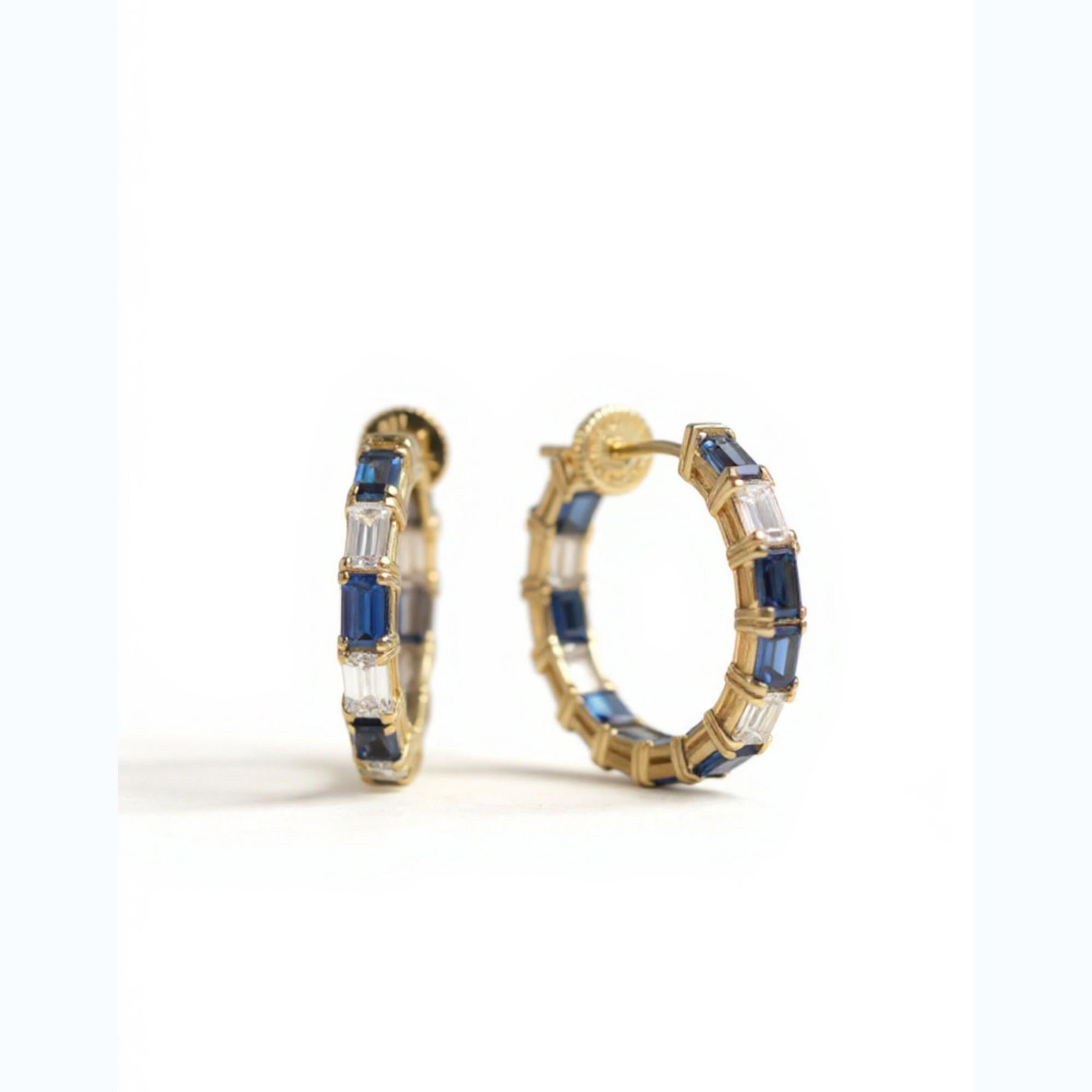 14k Yellow Gold Inside-Out Hoop Earrings With Baguette Sapphires and Diamonds, A Pair - 7