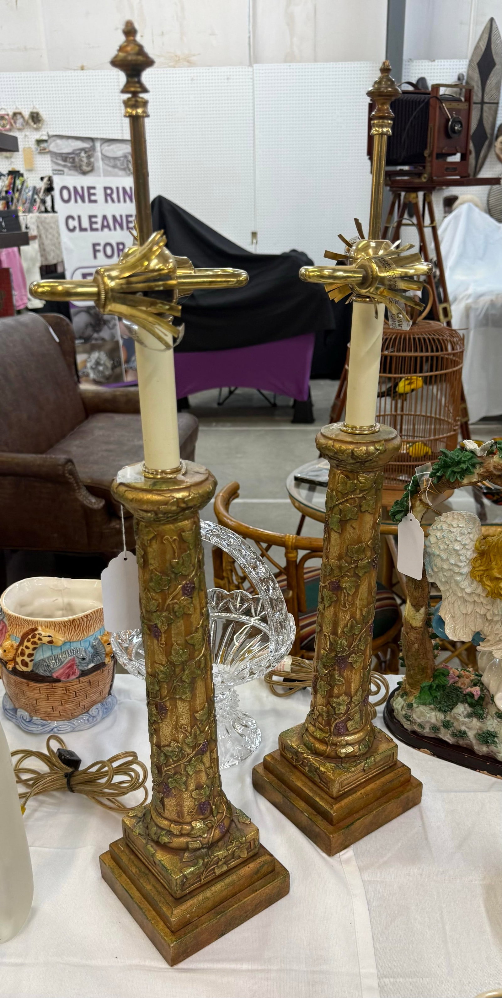 Pair of Vintage Fredrick Cooper Large Floral Column Table Lamps Rare Signed - 6