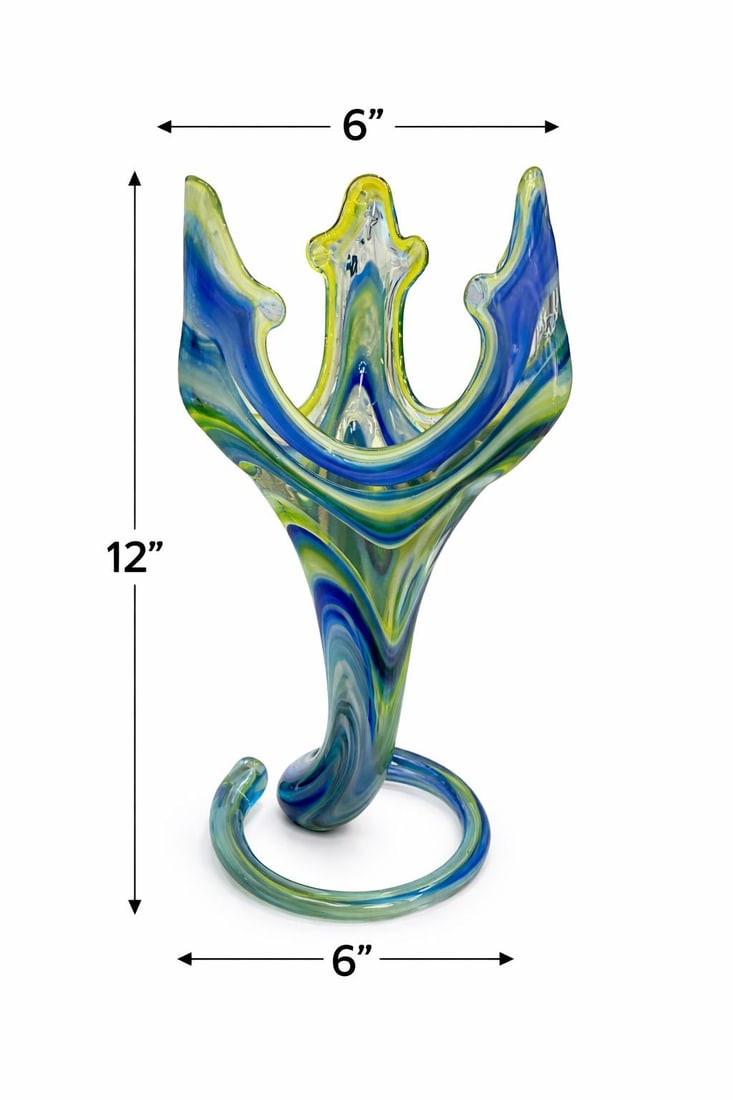 Contemporary Hand-Blown Studio Art Glass Sculpture in Blue & Green With Freeform Crown - 5