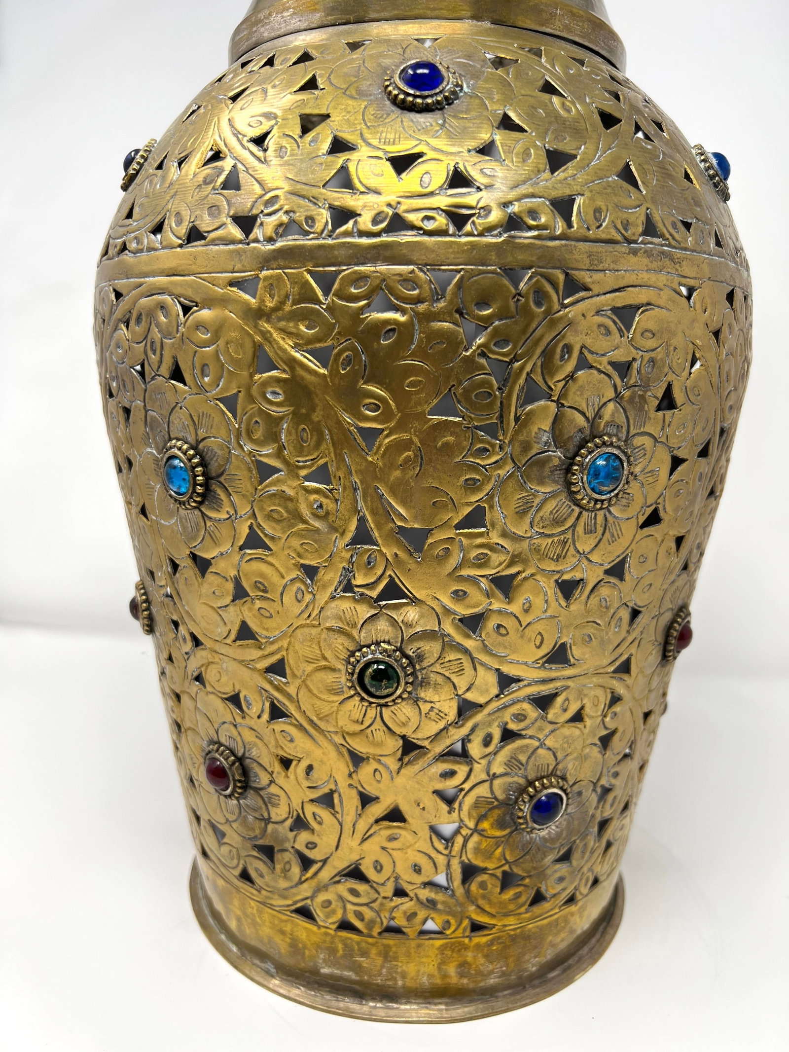 Vintage Indian Pierced Brass Lantern Vase W/ Colored Glass Cabochons – Moorish Boho Decor - 7