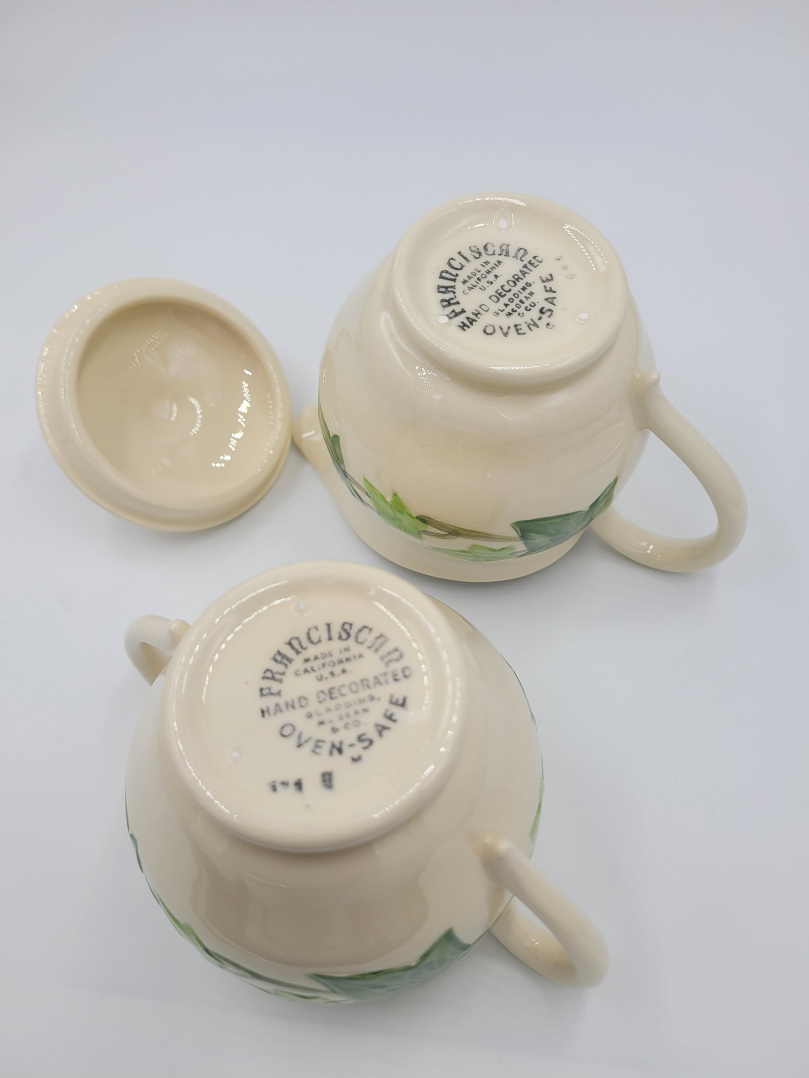 1950s Franciscan Ivy Hand-Decorated Creamer & Lidded Sugar Set - 3 Pieces - 11