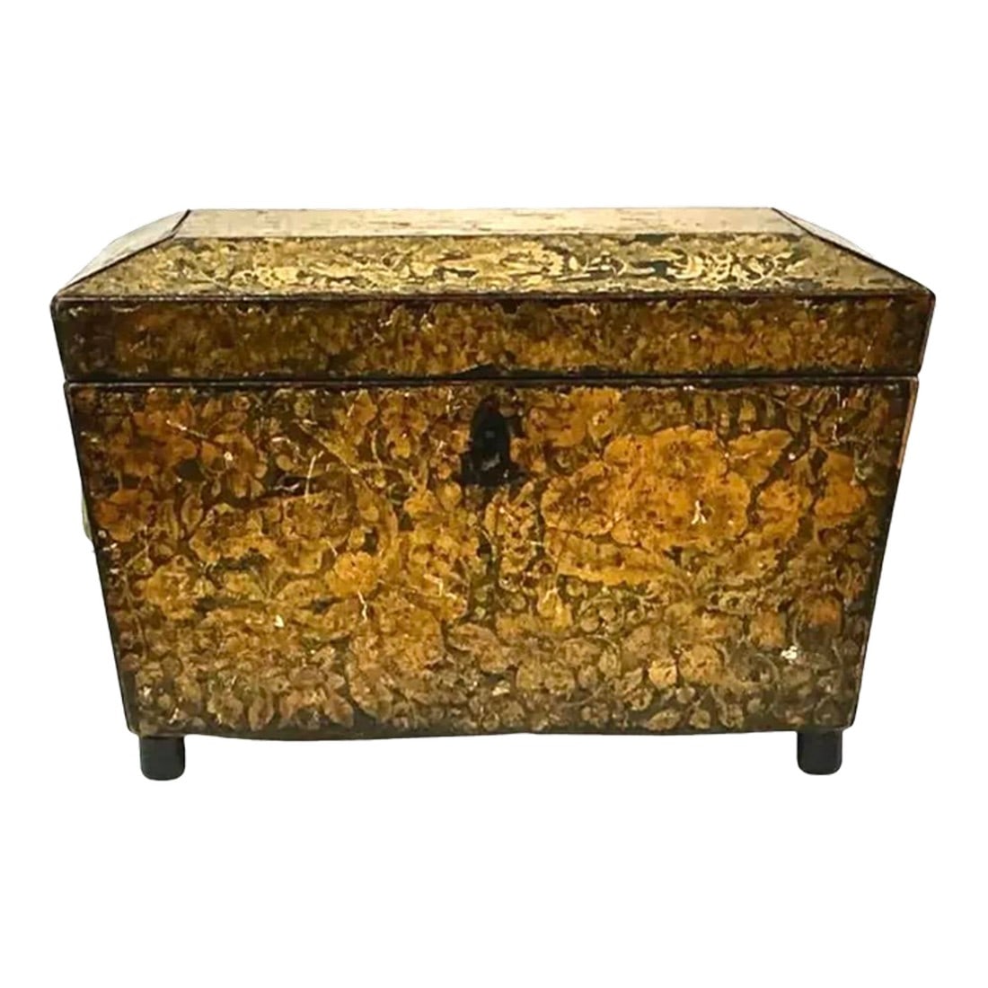Regency Penwork Tea Caddy: English Regency Penwork Tea Caddy. This charming Regency period caddy features an all-over hand-decorated penwork design. The exterior is adorned with scrolling flowers and trailing vines, creating a