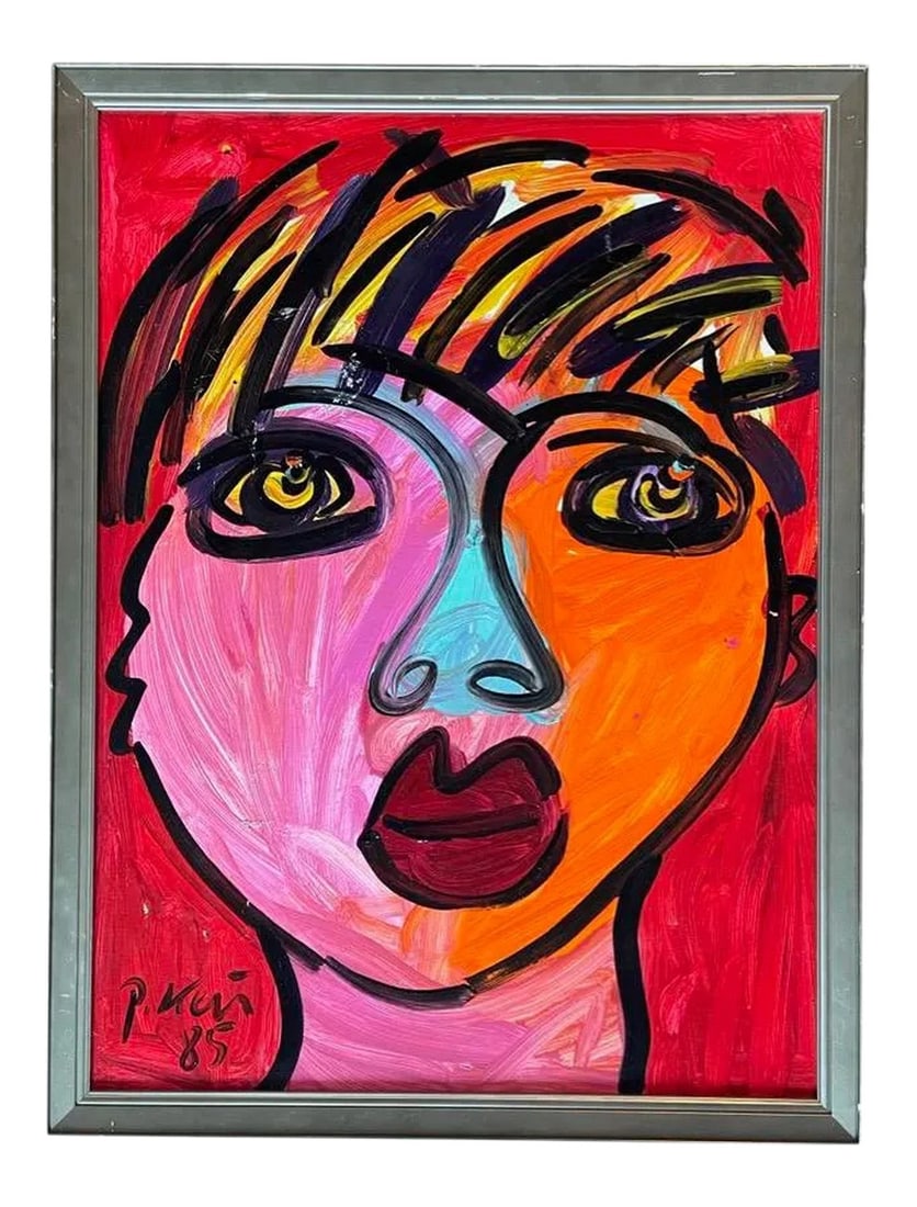 Contemporary Abstract Face Portrait Acrylic Painting by Peter Keil, Framed: Peter Keil is a German artist that focuses primarily on abstract expressionism. Keil painted with some of the greats including Joan MirÃ³, Pablo Picasso and Andy Warhol, to name a few. This