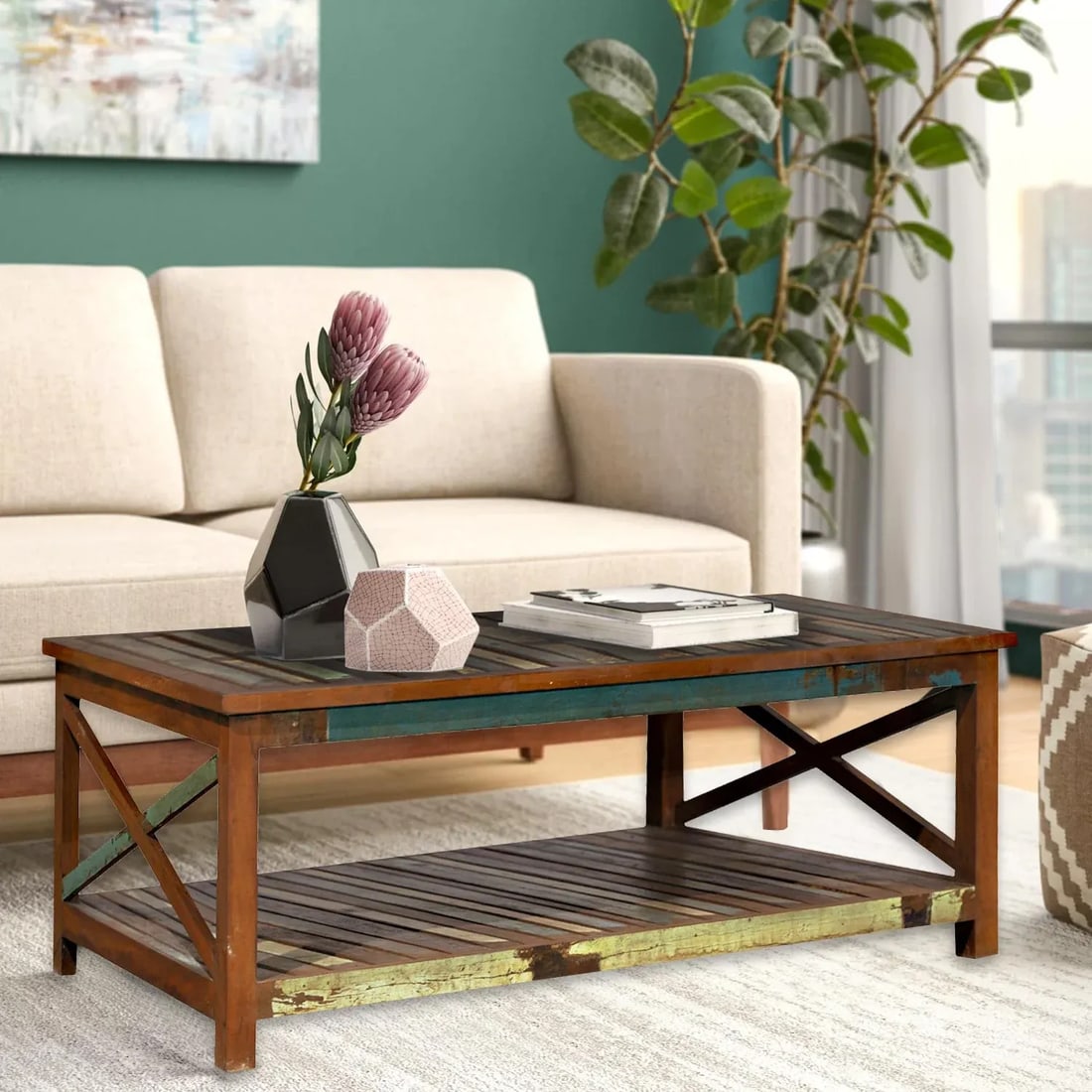 Handmade Carved Cocktail Table for Hallway | Rustic Unique Center Table With Shelf | Distressed Pain - 2