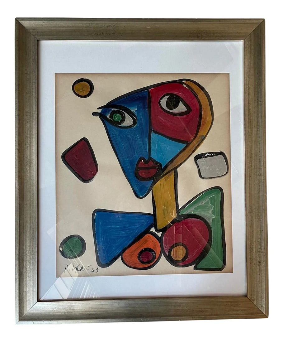 Mid 20th Century Cubist Style Face Portrait Painting by Peter Keil, Framed: Peter Keil is a German artist that focuses primarily on abstract expressionism. Keil painted with some of the greats including Joan MirÃ³, Pablo Picasso and Andy Warhol, to name a few. This