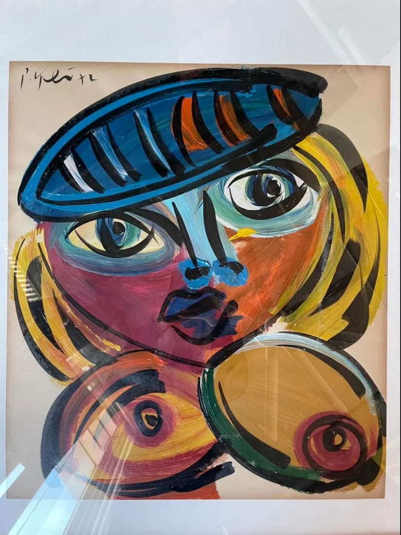 1970s Cubist Style Abstract Face Painting by Peter Keil, Framed - 2