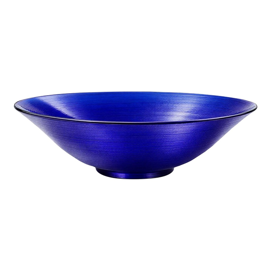 Arthur Court Designs Cobalt Blue Ribbed Art Glass Bowl – 14.25": Striking cobalt blue art glass bowl by Arthur Court Designs, featuring beautiful ribbed exterior detailing and a wide, sculptural open form. A bold statement centerpiece in excellent condition.