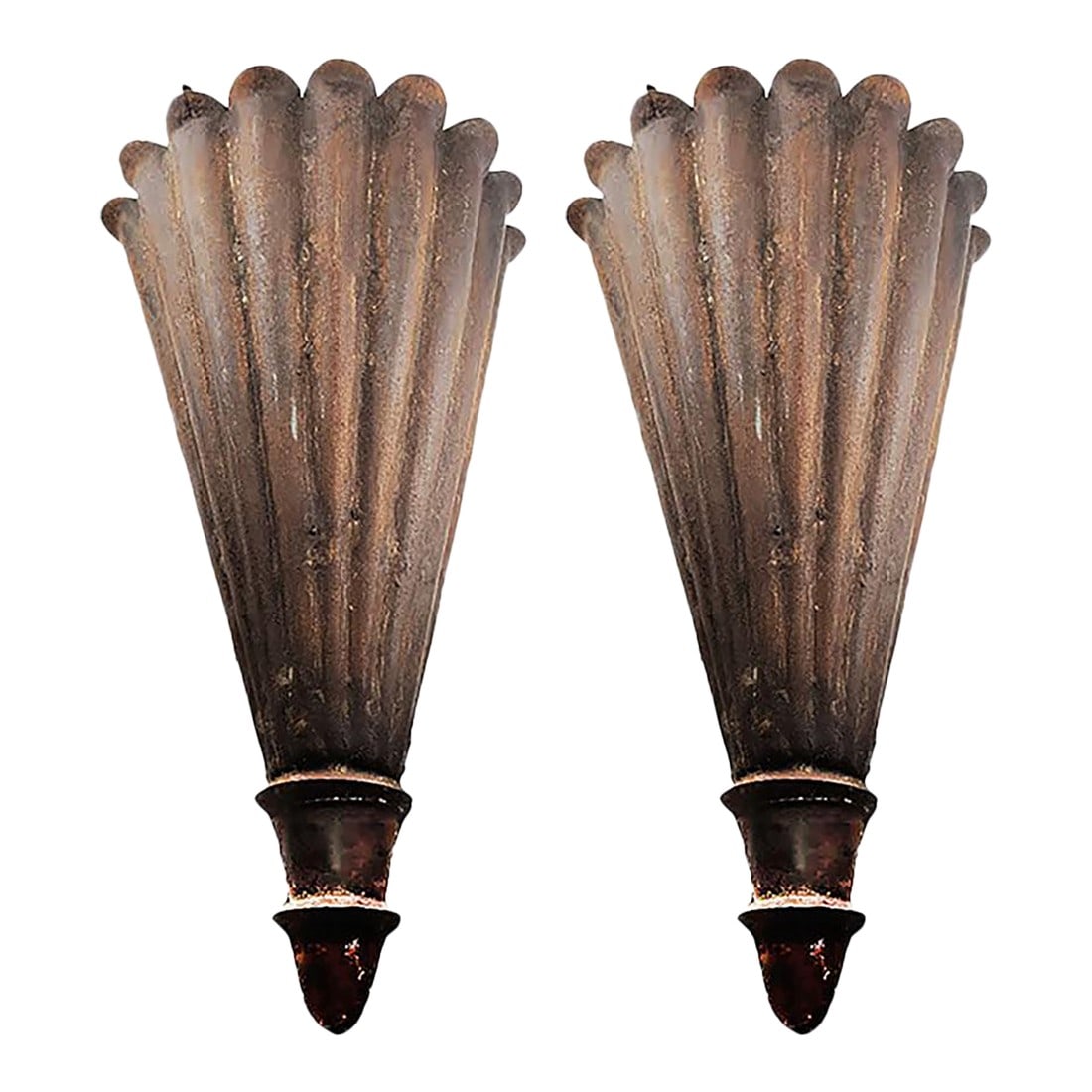 Large Vintage Rusty Metal Fluted Torchiere Wall Pocket Bracket Sconces - A Pair: Very cool pair of metal fluted sconces with a shabby chic or farmhouse appeal. The slightly rusty finish offers a two dimensional appearance. They are considered wall pockets but I like them as is