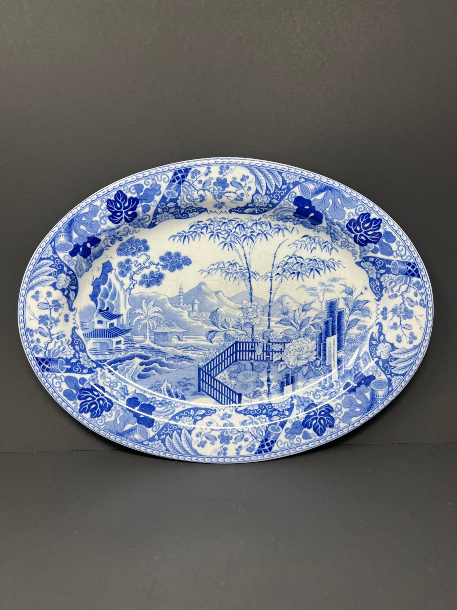 Antique English Wedgwood Blue & White Transferware Wall Charger, Chinoiserie Landscape Platter, c.18 - 10
