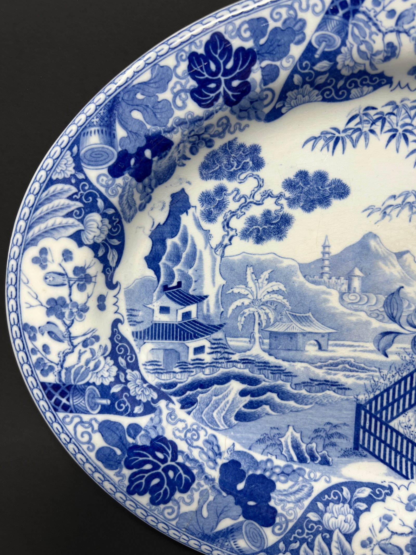 Antique English Wedgwood Blue & White Transferware Wall Charger, Chinoiserie Landscape Platter, c.18 - 2
