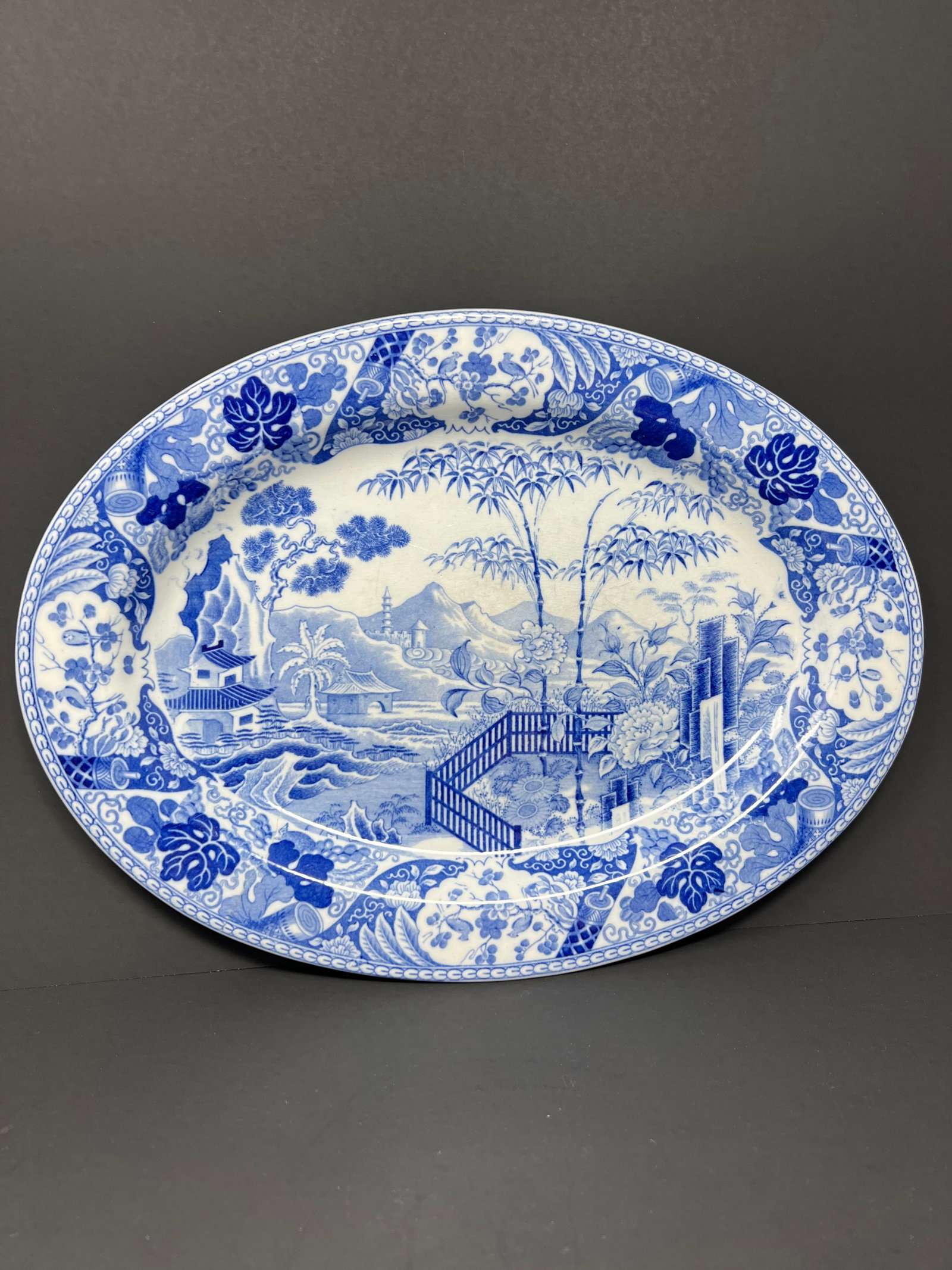 Antique English Wedgwood Blue & White Transferware Wall Charger, Chinoiserie Landscape Platter, c.18 - 3