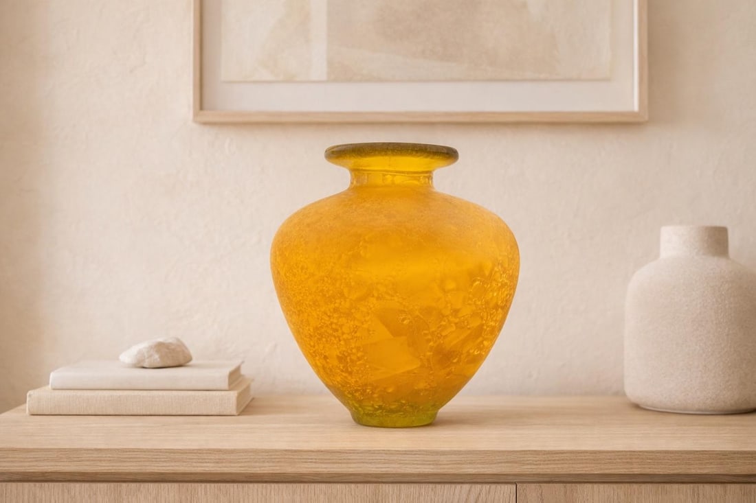 Hand-Blown Amber Studio Art Glass Vase With Internal Crystalline Feathering - 2