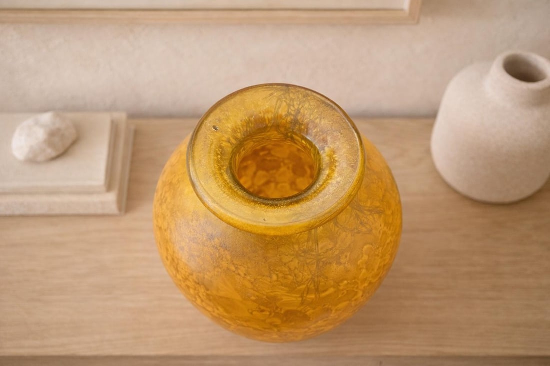 Hand-Blown Amber Studio Art Glass Vase With Internal Crystalline Feathering - 7