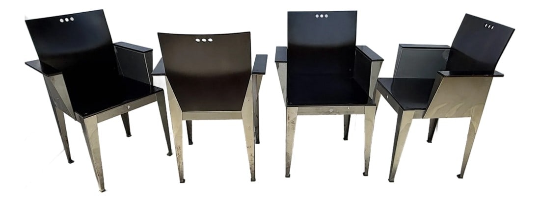 Set of 4 "Eli Chairs" by Bruce Sienkowski From 90's: Set of 4 "Eli Armchairs" designed by Bruce Sienkowski for Charlotte Chair Co. (USA), originally introduced in 1991. Armchairs are characterized by a striking Postmodern aesthetic. Black painted bent