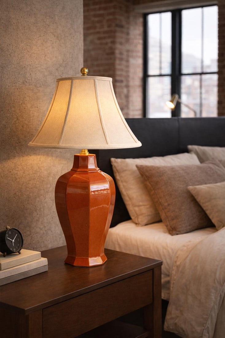 Late 20th Century Faceted Terracotta Glaze Architectural Table Lamp With Original Shade - 6