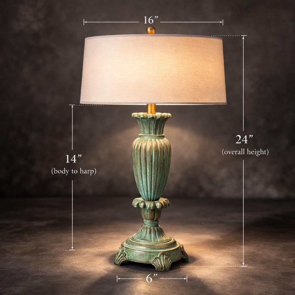 Verdigris Patinated Urn Form Table Lamp With 16" Linen Drum Shade - 2