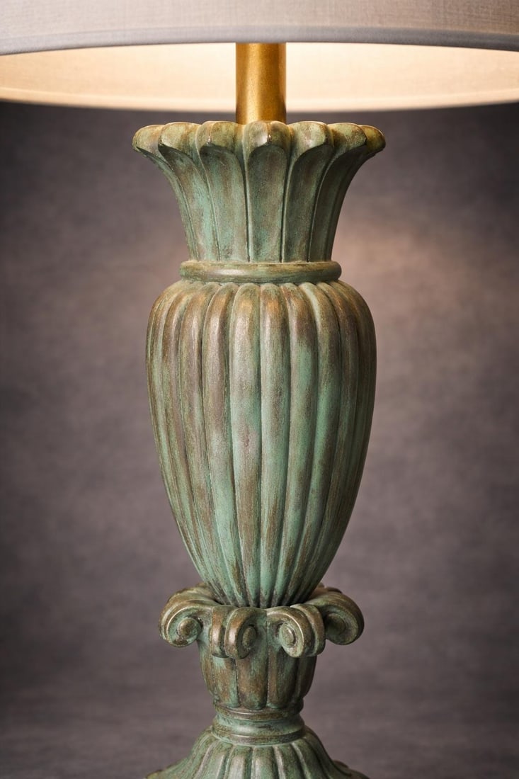 Verdigris Patinated Urn Form Table Lamp With 16" Linen Drum Shade - 6