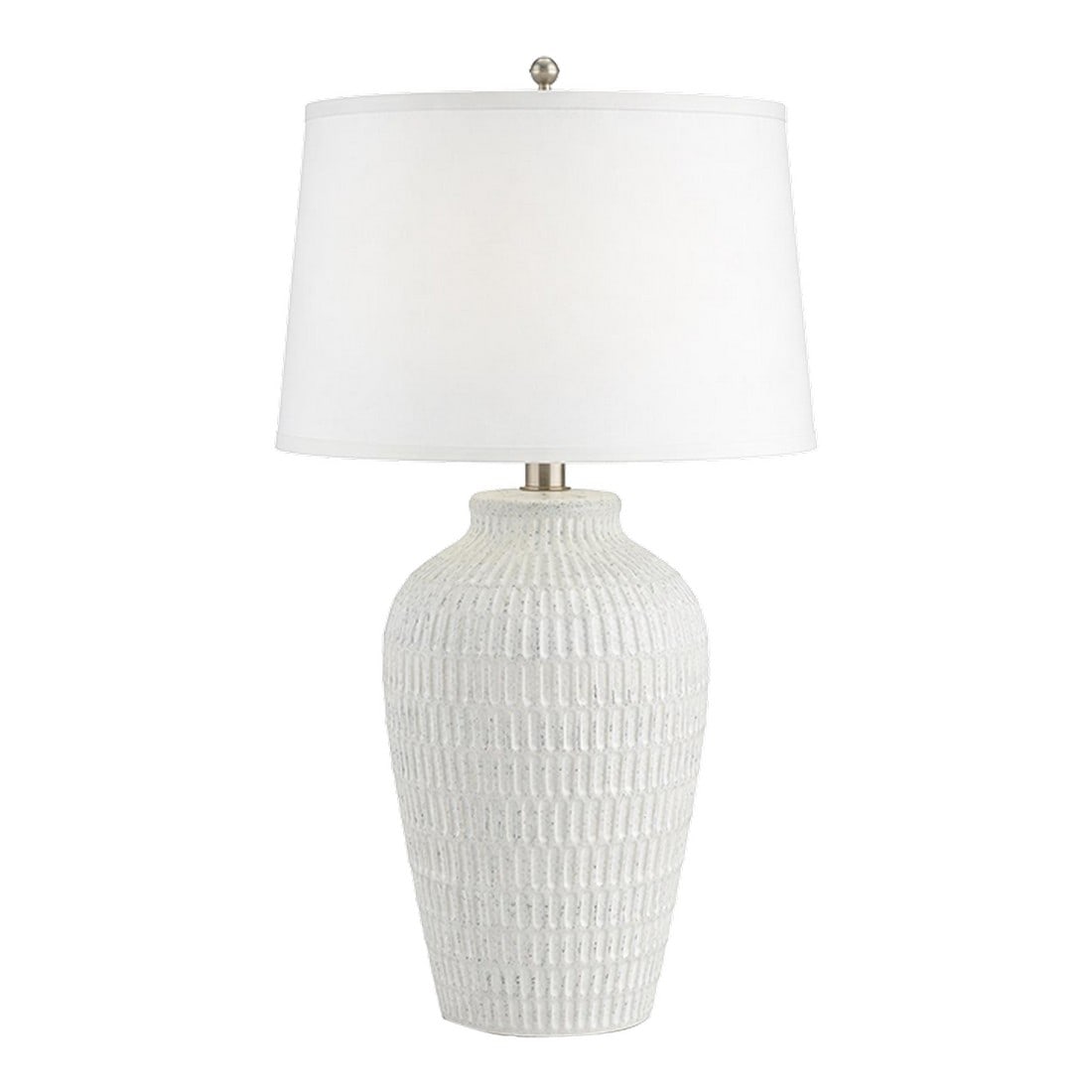 Late 20th Century Large Textural Ribbed Ceramic Table Lamp – Coastal Neutral: A sculptural 29" ribbed ceramic table lamp with a limestone-inspired finish and warm neutral tone. Featuring a deeply textured architectural body and linen drum shade, this substantial piece brings
