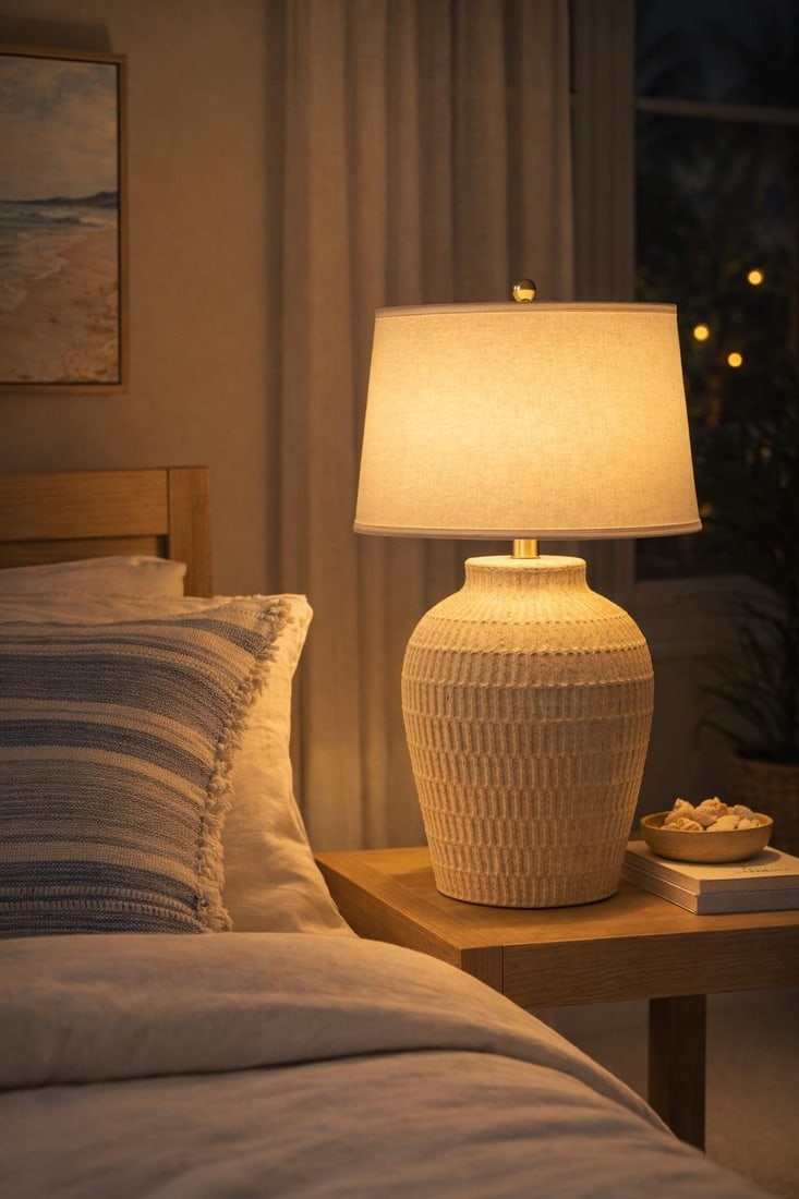 Late 20th Century Large Textural Ribbed Ceramic Table Lamp – Coastal Neutral - 6