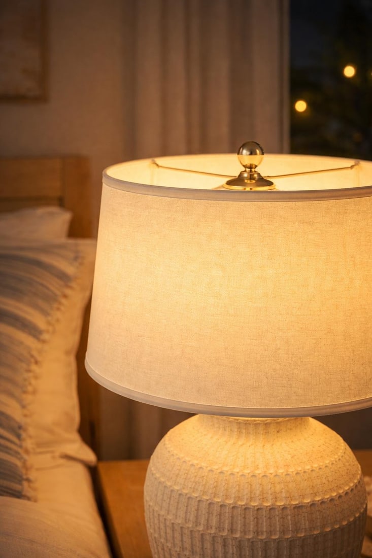 Late 20th Century Large Textural Ribbed Ceramic Table Lamp – Coastal Neutral - 7