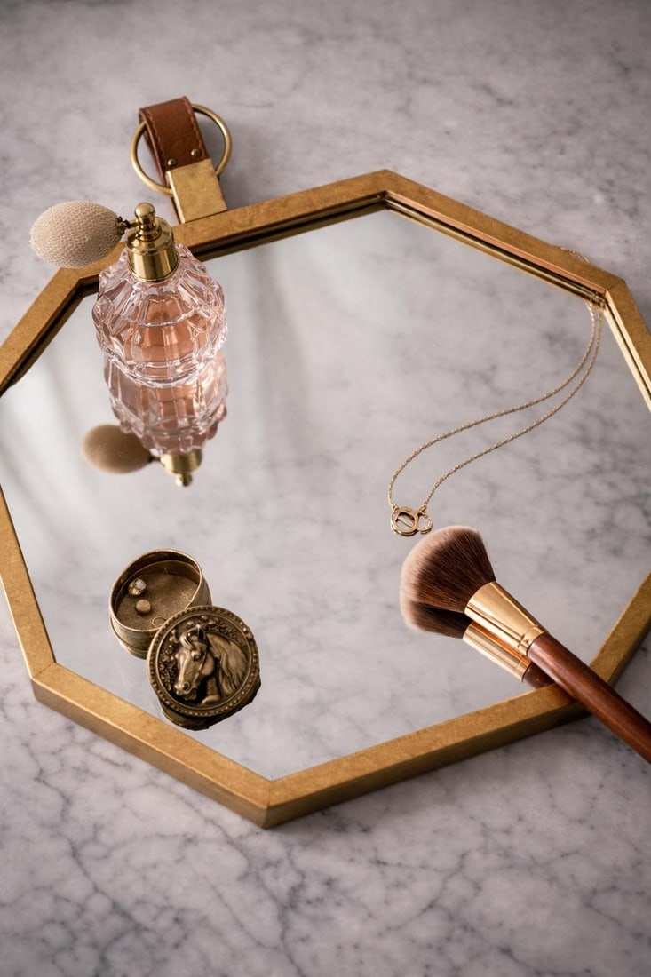 Octagonal Brass Wall Mirror With Leather Strap - 3