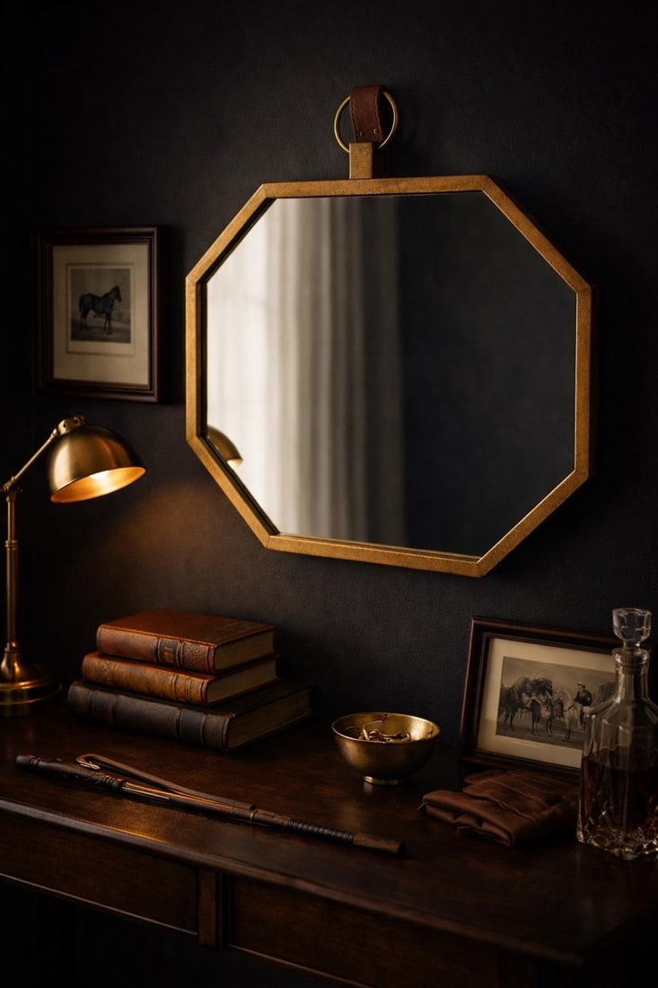 Octagonal Brass Wall Mirror With Leather Strap - 4