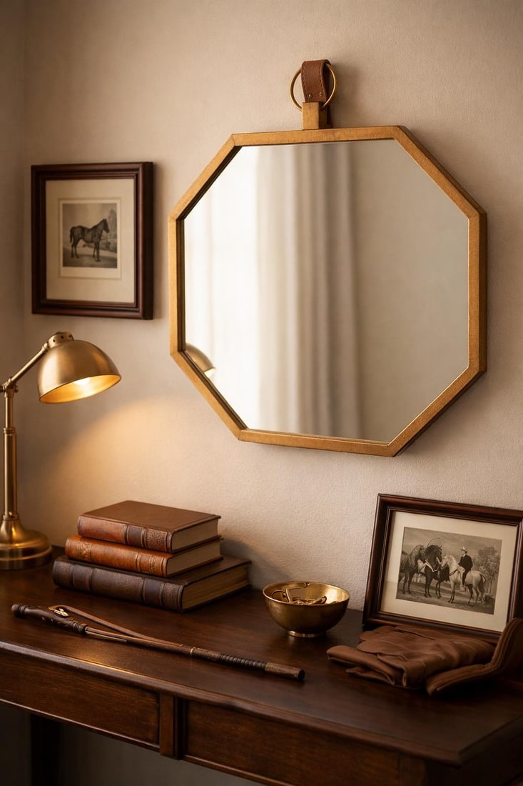 Octagonal Brass Wall Mirror With Leather Strap - 5